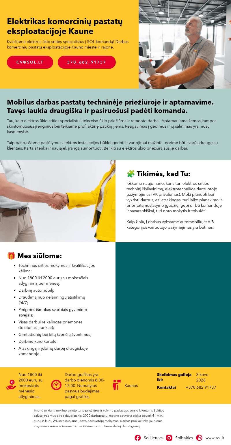 SOL Baltics OU Lietuvos filialas Elektrikas komercinių pastatų eksploatacijoje Kaune