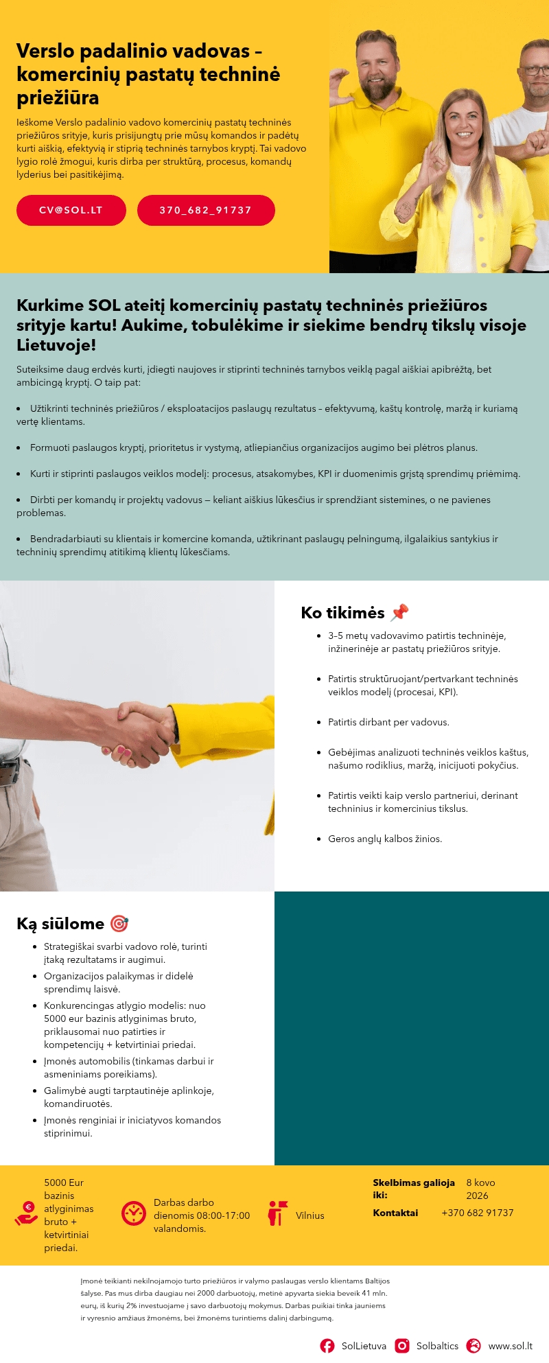 SOL Baltics OU Lietuvos filialas Verslo padalinio vadovas – komercinių pastatų techninė priežiūra