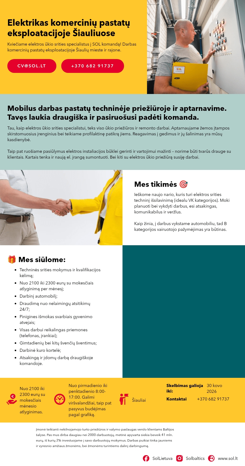 SOL Baltics OU Lietuvos filialas Elektrikas komercinių pastatų eksploatacijoje Šiauliuose