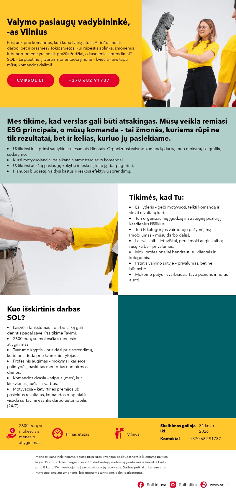 SOL Baltics OU Lietuvos filialas Valymo paslaugų vadybininkė, -as Vilnius