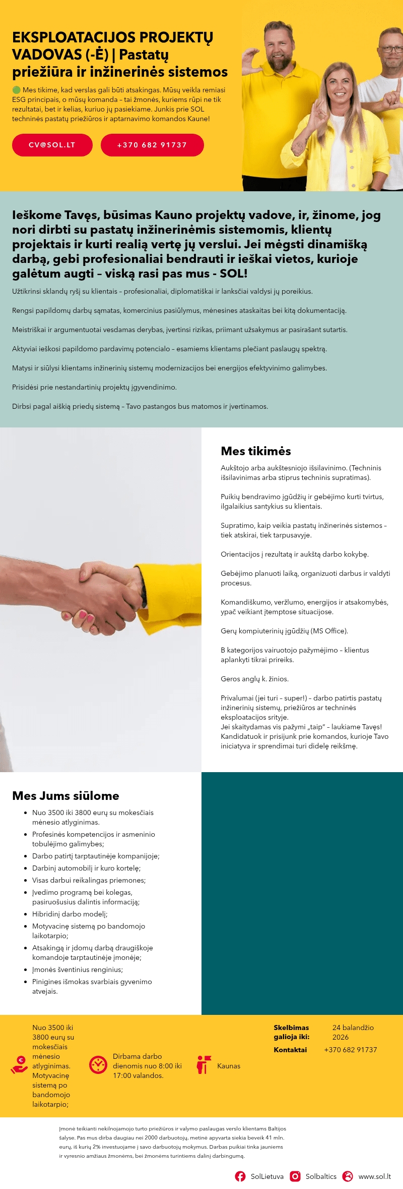 SOL Baltics OU Lietuvos filialas EKSPLOATACIJOS PROJEKTŲ VADOVAS (-Ė) | Pastatų priežiūra ir inžinerinės sistemos