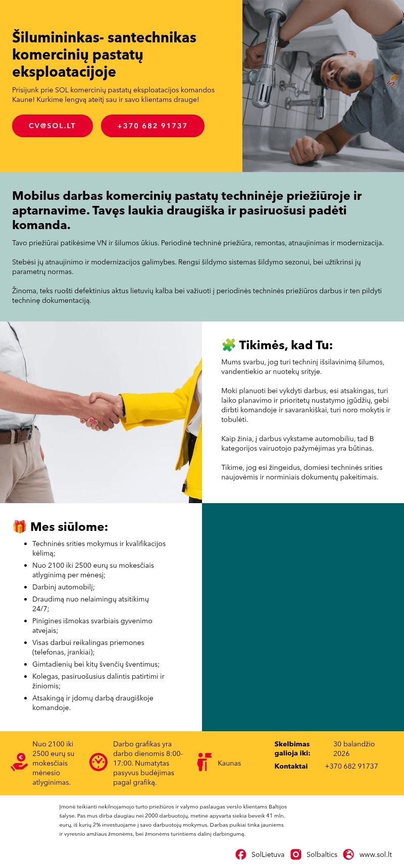 SOL Baltics OU Lietuvos filialas Šilumininkas- santechnikas komercinių pastatų eksploatacijoje